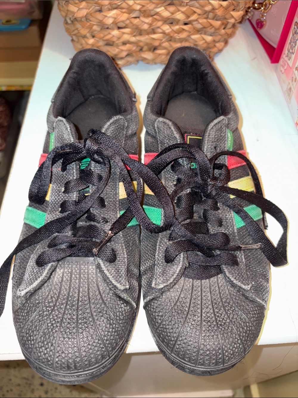 Black Adidas Sneakers with Red, Yellow & Green Accents